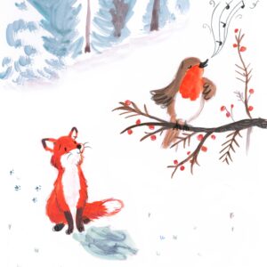 Fox and Robin in snow singing Lucy Dillamore 2021
