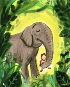 Illustration of an Elephant holding a little girl in it's trunk