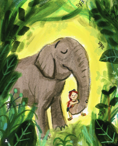 Illustration of an Elephant holding a little girl in it's trunk