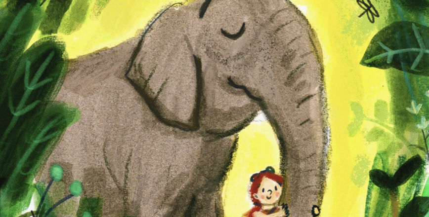 Illustration of an Elephant holding a little girl in it's trunk